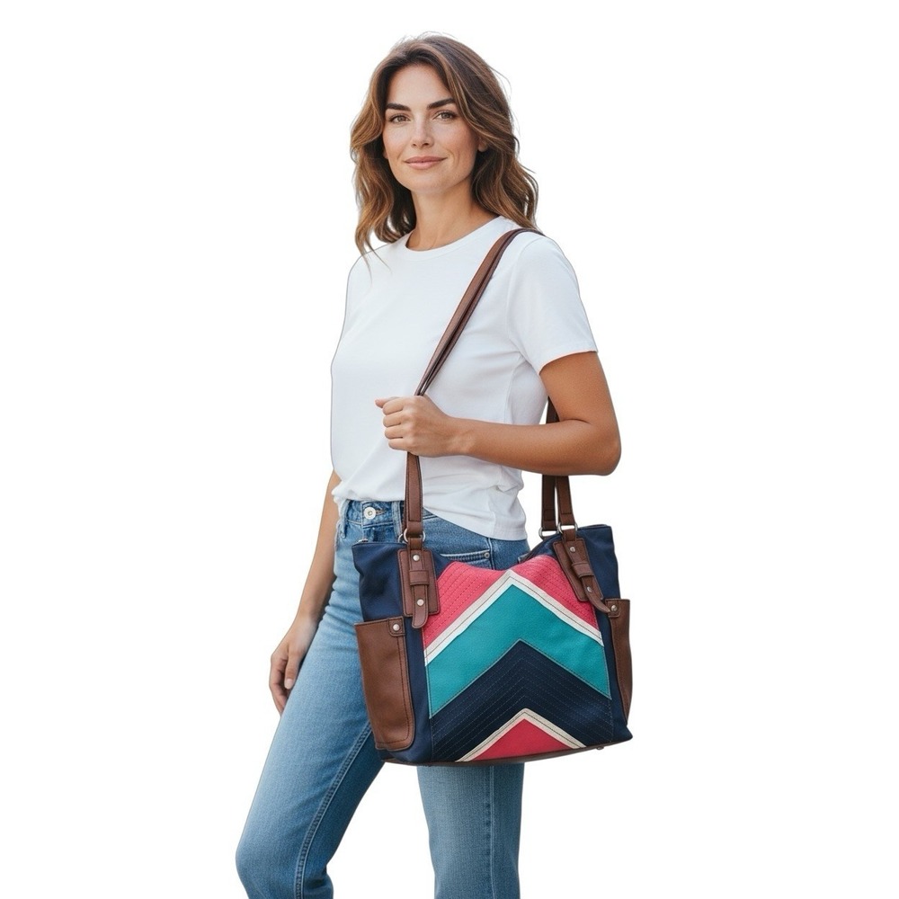 Relic by Fossil Chevron Tote Bag Blue Brown Teal Coral Faux Leather‎